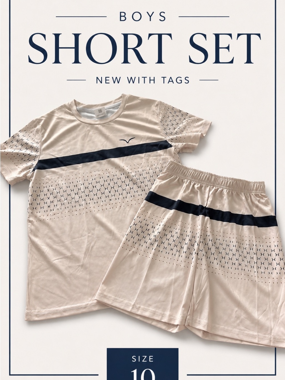 Boys Beige Athletic Short Set with Black Stripe